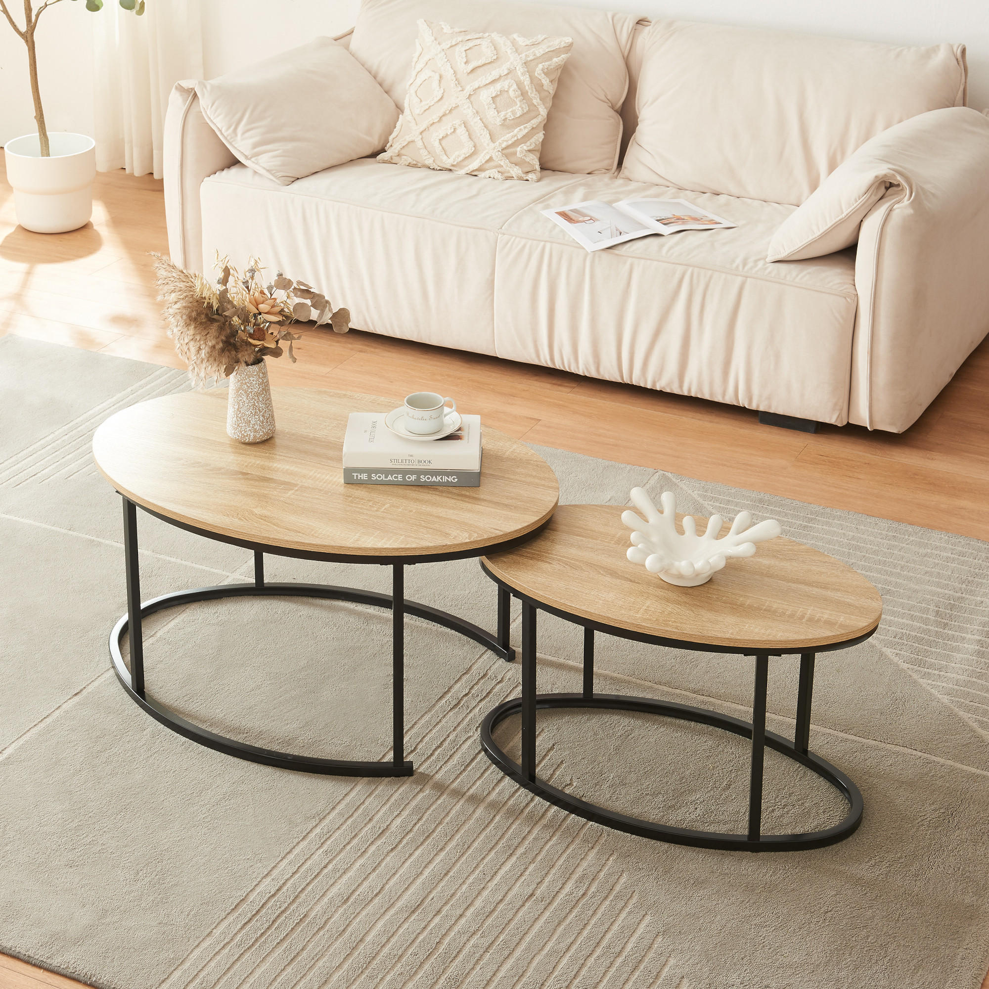 Thumbnail - [en.casa] Satztisch-Set, Eiche, Schwarz, Holzwerkstoff, Metall, Oval, 60x45x90 cm, Wohnzimmer, Wohnzimmertische, Beistel...