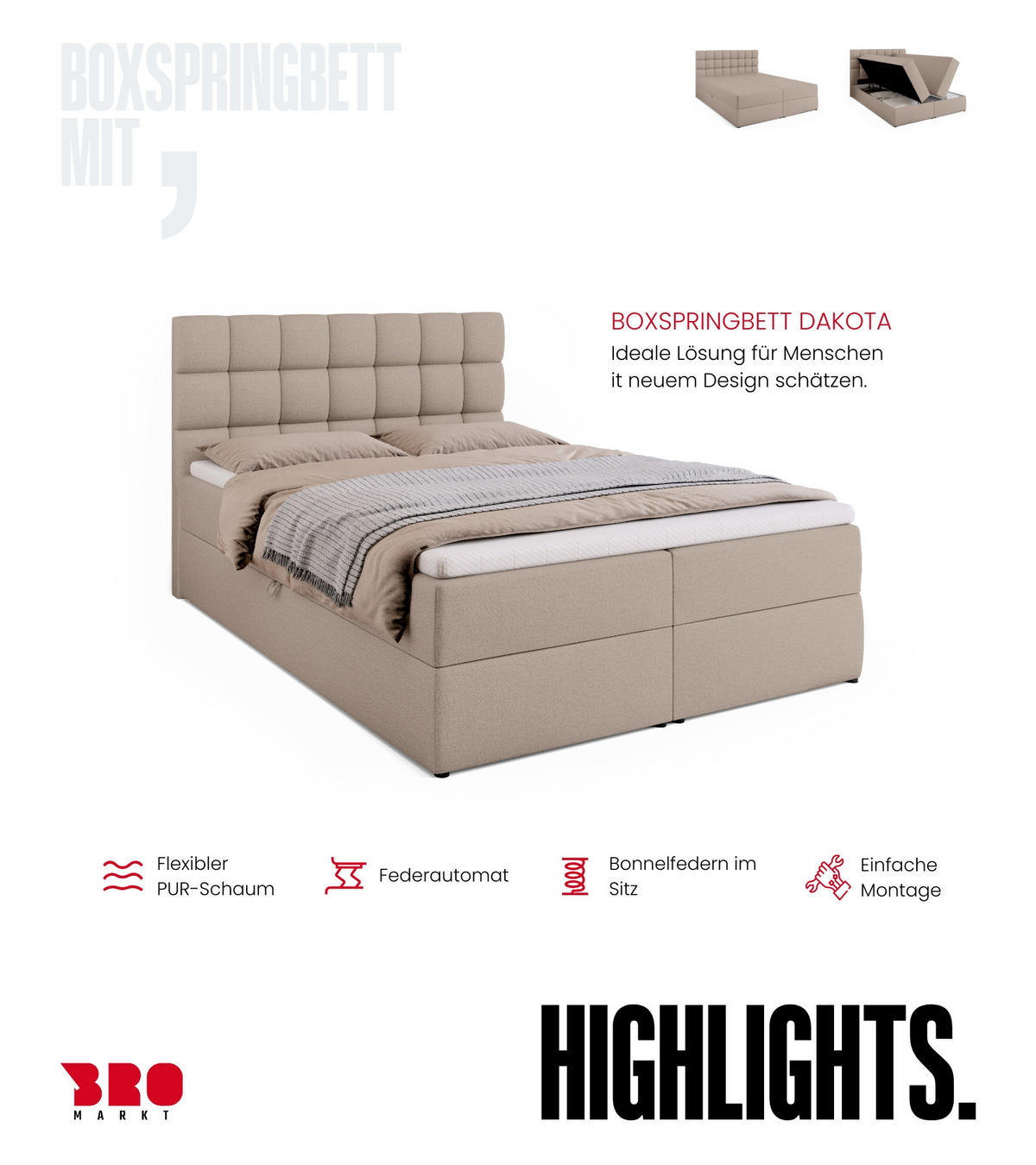 BOXBETT Dakota mit Topper 140/200 Beige - Beige, Textil (140/200cm) - Bromarkt