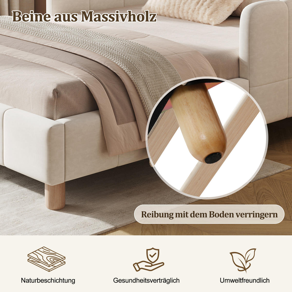 KINDERBETT 90/200 cm in Beige Samt mit Seitenschutz und Taschen - Beige, Holzwerkstoff/Textil (90/200cm) - WISHDOR