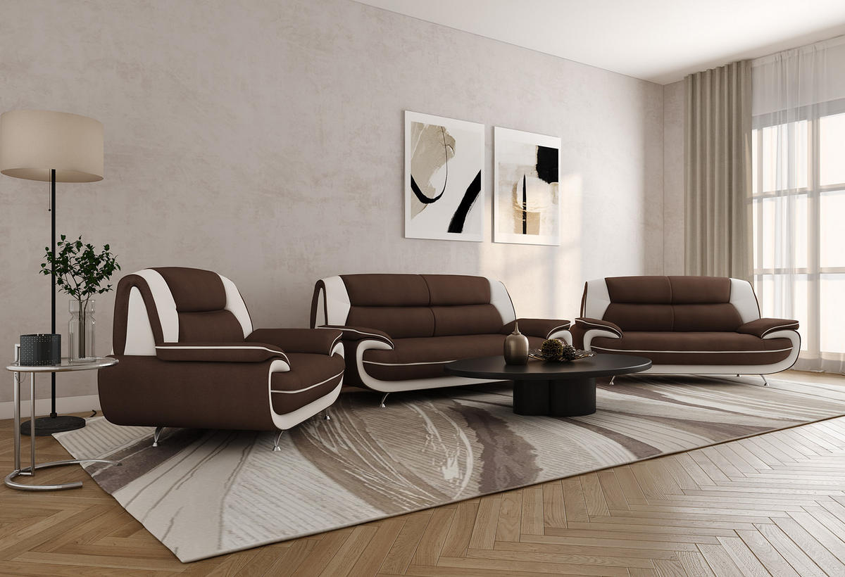 SOFAGARNITUR 3+2+1, Stoff Kronos, Braun + Weiß, Palermo - Braun, Holz (198/89/87cm) - Kaiser Möbel