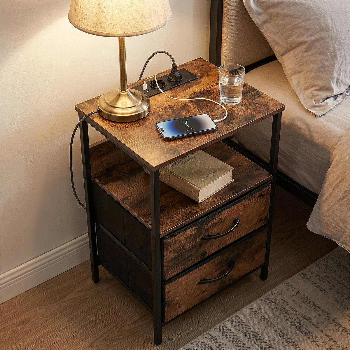 NOČNÍ stolek - hnědá, kov/kompozitní dřevo (30/40/60cm) - Relaxdays