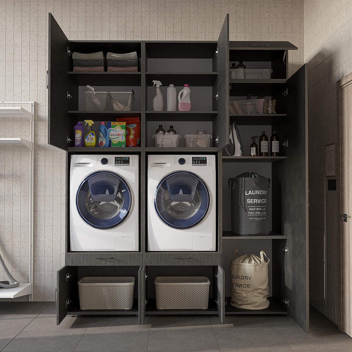 WASCHMASCHINENSCHRANK Serie 3 194cm Breit, 240cm Hoch - Schwarz, Holzwerkstoff (194/240/67cm)