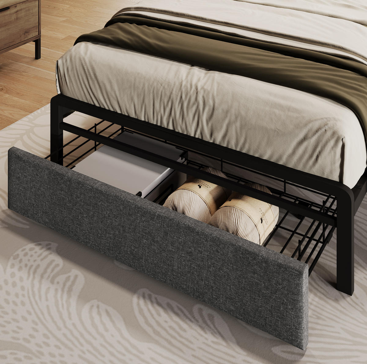 BETT 90/200 cm Grau mit LED-Beleuchtung, Stauraum und Matratze - Grau, Textil (90/200cm) - Flora Grace