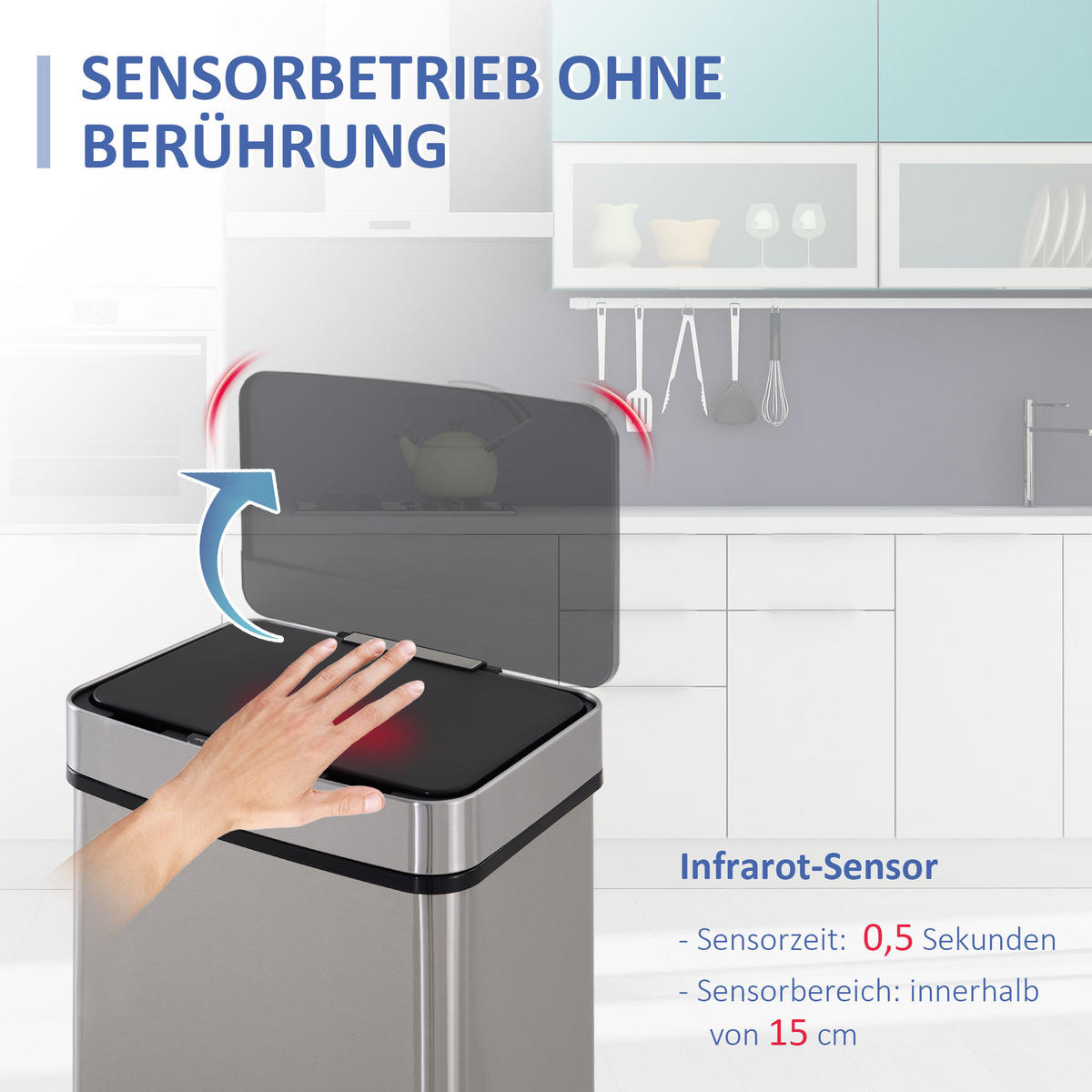MÜLLEIMER Mülltrennsystem Abfalleimer mit Sensor 72 l 3 Fächer Edelstahl Silber - Silberfarben, Metall (30/81/42cm) - HOMCOM