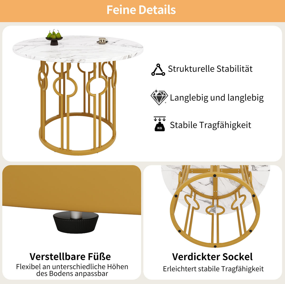 ESSTISCH 100/100/76 cm mit verstellbaren Füßen und marmorierter MDF-Tischplatte, Weiß/Goldfarben - Goldfarben, Holzwerkstoff (100/100/76cm) - Redom