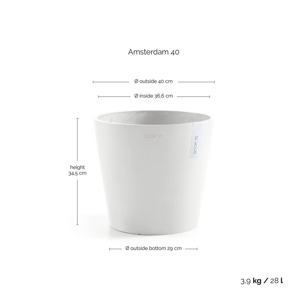 BLUMENTOPF Amsterdam 40/34,5 cm Weiß - Weiß, Kunststoff (40/34.5cm) - Ecopots