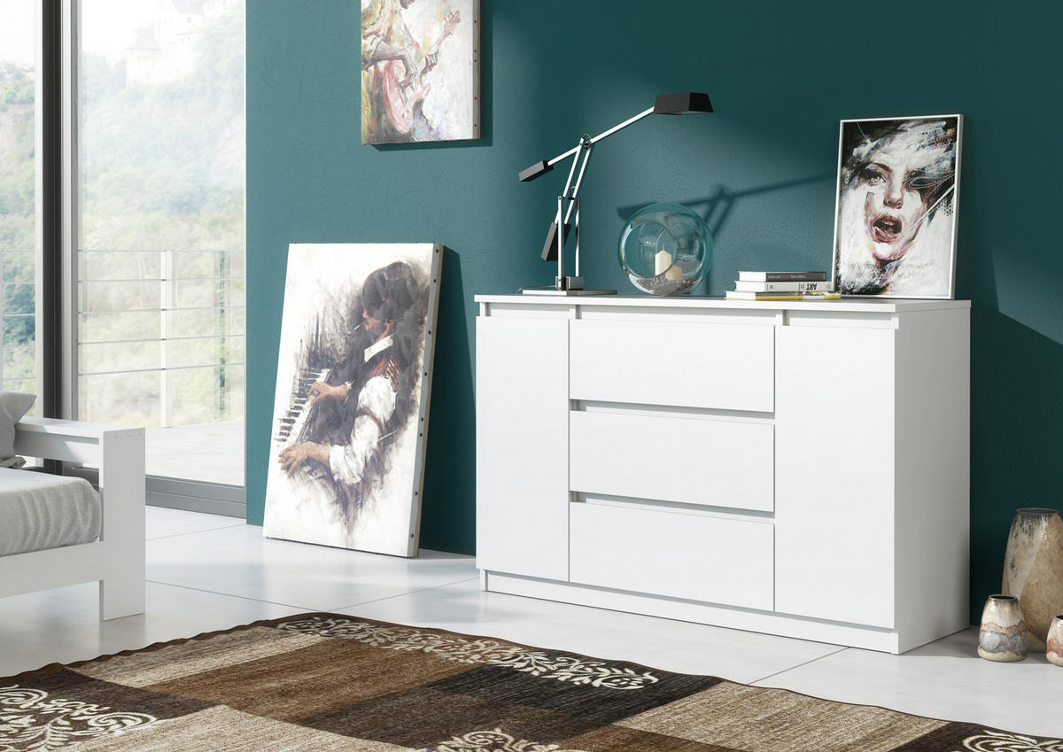 KOMMODE NUDO 138,5/78,2/39cm mit 3 Schubladen 2 Türen Weiß - Weiß, Holzwerkstoff (138.5/78.2/39cm) - MASSENO