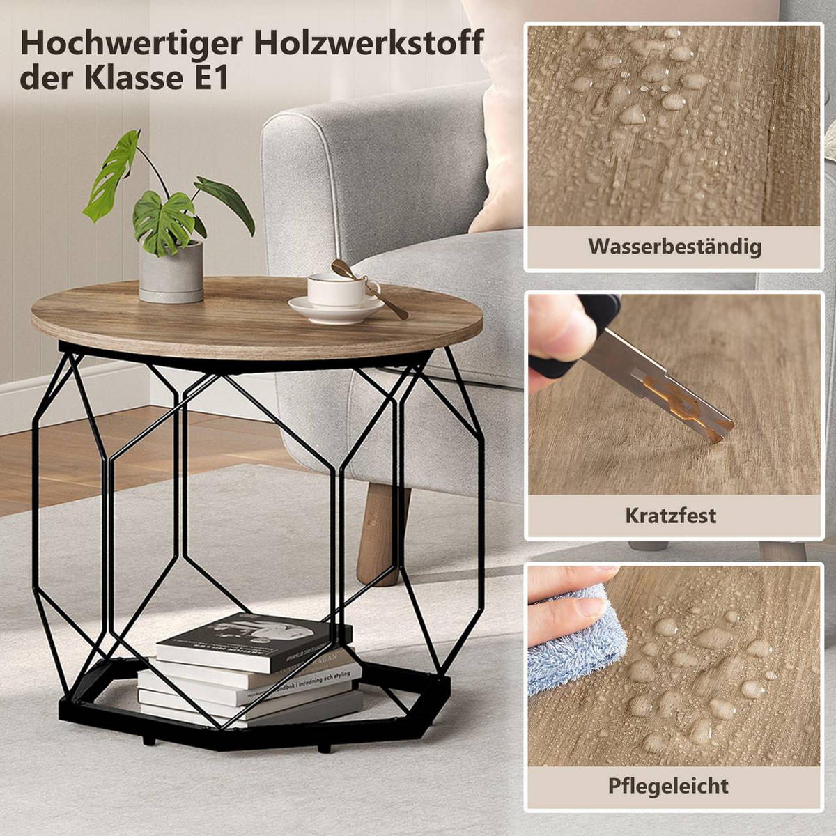COUCHTISCH 2er Set, rund, Graue Holzoptik - Schwarz/Sonoma Eiche, Holzwerkstoff/Metall (50/50/45cm) - Woltu