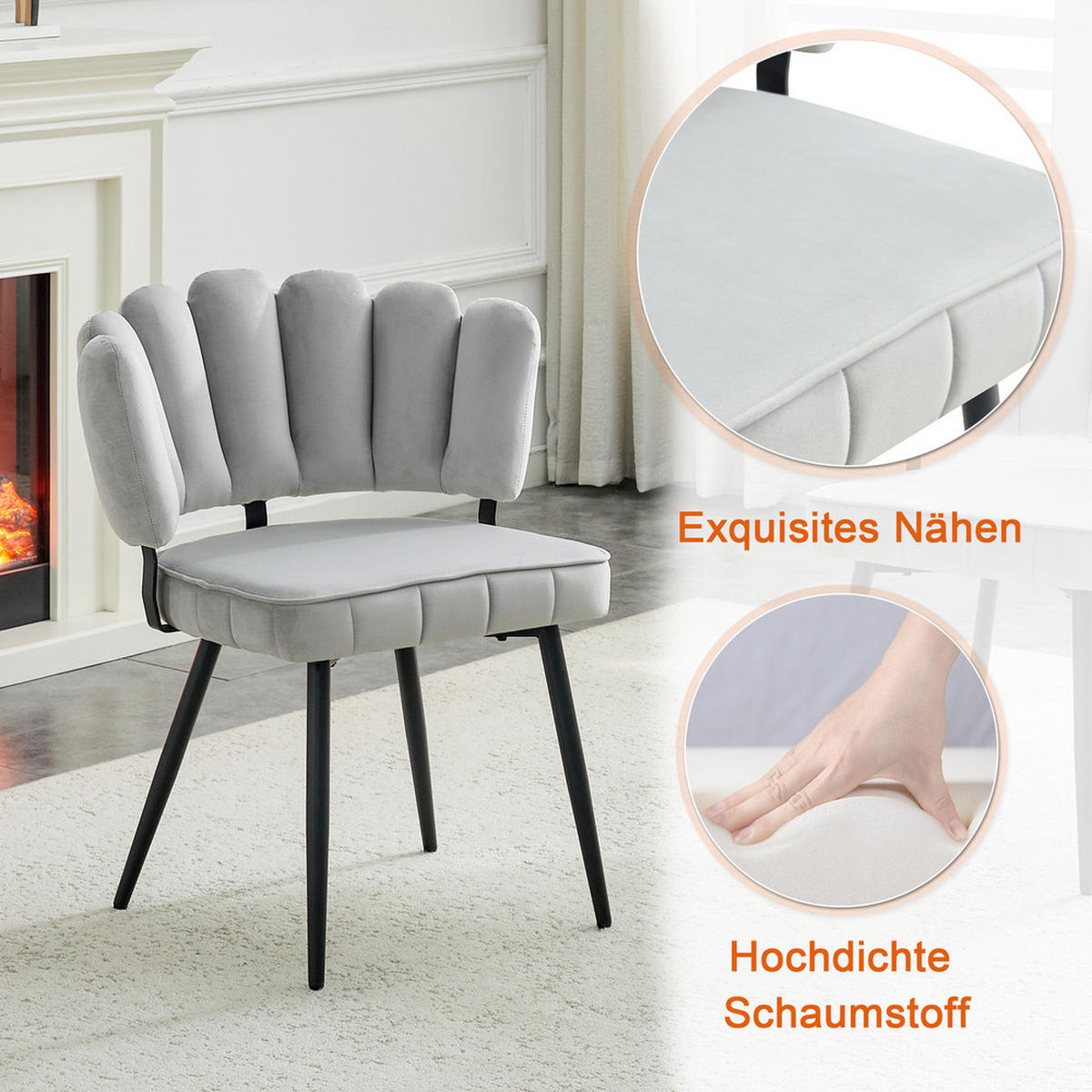 TISCHGRUPPE 3-tlg Rund 60cm MDF Tisch Schwarz 2 Samtstühle Hellgrau - Grau, Metall (73.5/21.5/76cm) - Raelunyi