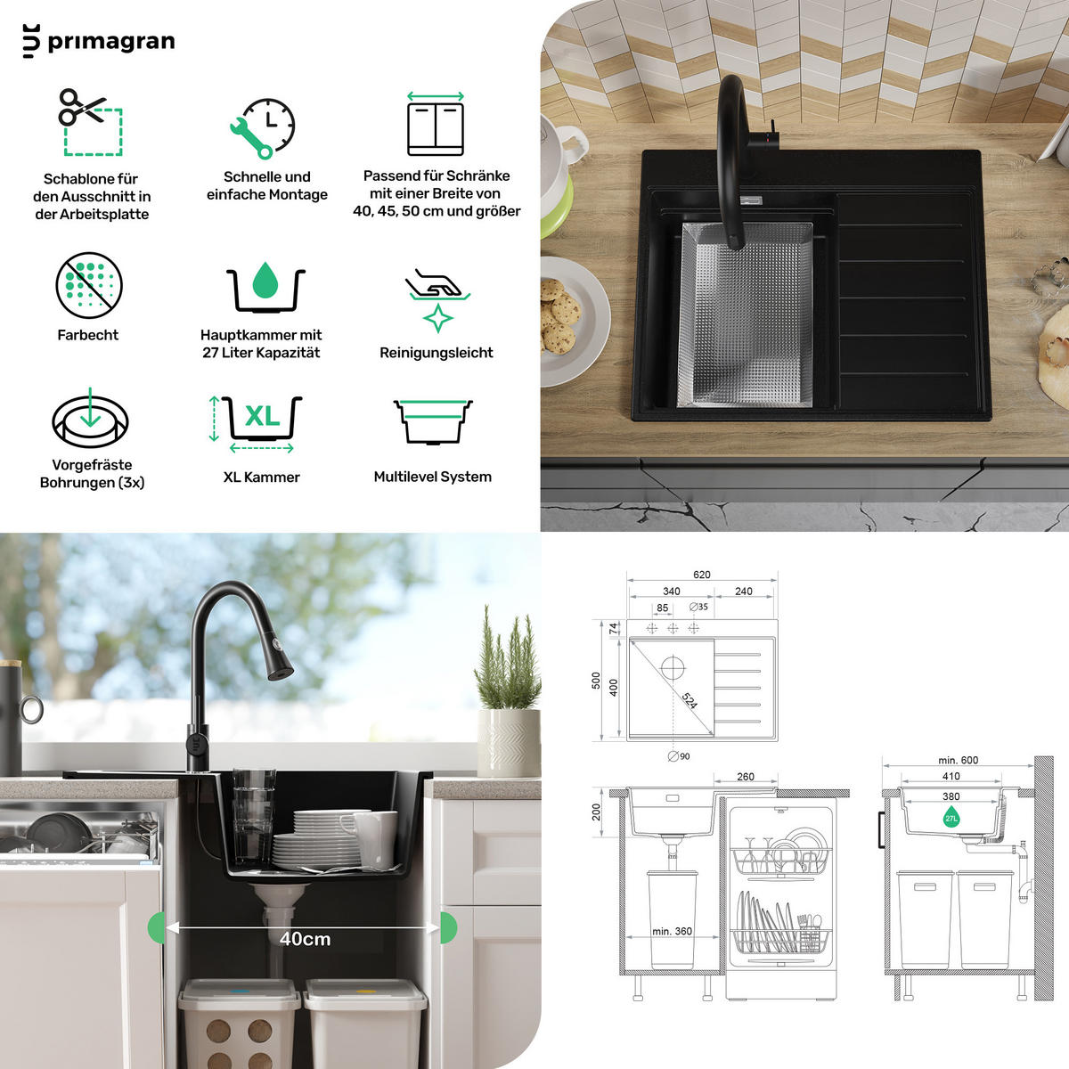 SPÜLBECKEN Sydney, 2-er set Weiß 62/50 cm 1 Becken + Ablauf-Set + Küchenzubehörset ab 40er Unterschrank - Chromfarben/Beige, Kunststoff (62/20/50cm) - Primagran