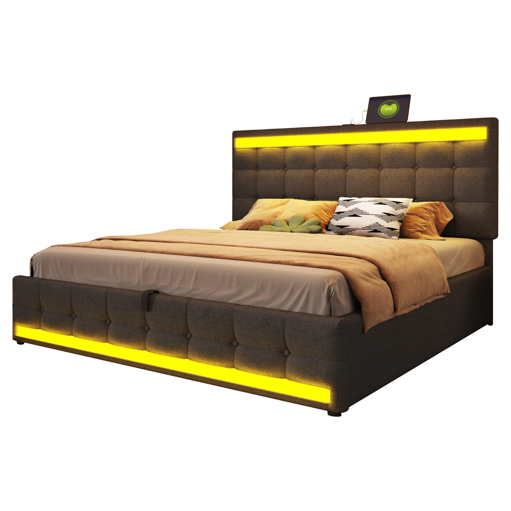 WISHDOR ČALOUNĚNÁ POSTEL 180x200 cm šedá s lněným vzhledem, LED osvětlením a USB portem