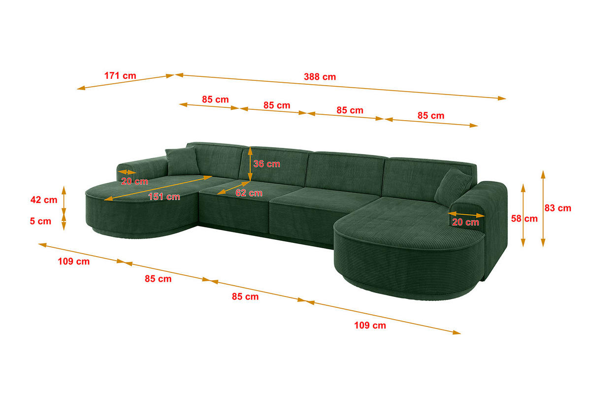 WOHNLANDSCHAFT MARI-U2-v3 - 388x171x83 cm Grün Cord - Schwarz/Grün, Holzwerkstoff/Kunststoff (388/83/171cm) - ALTDECOR