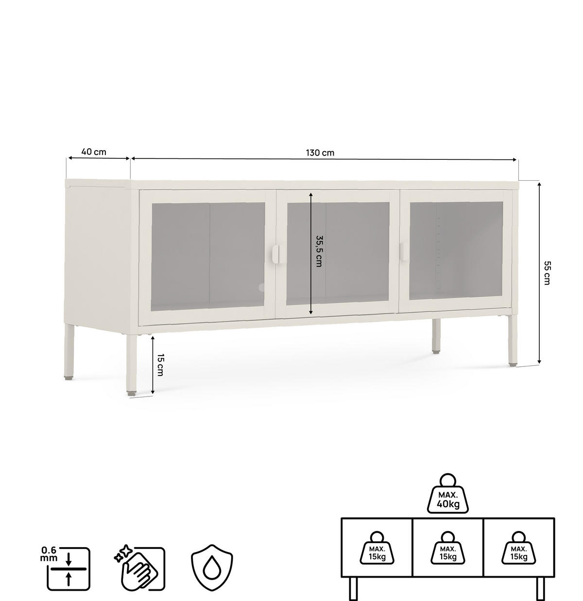 TV-STÄNDER Metall industriell EZRA, 130 cm, 3 Türen, Beige und Sicherheitsglas - Beige, Metall (130/55/40cm) - Sicaan
