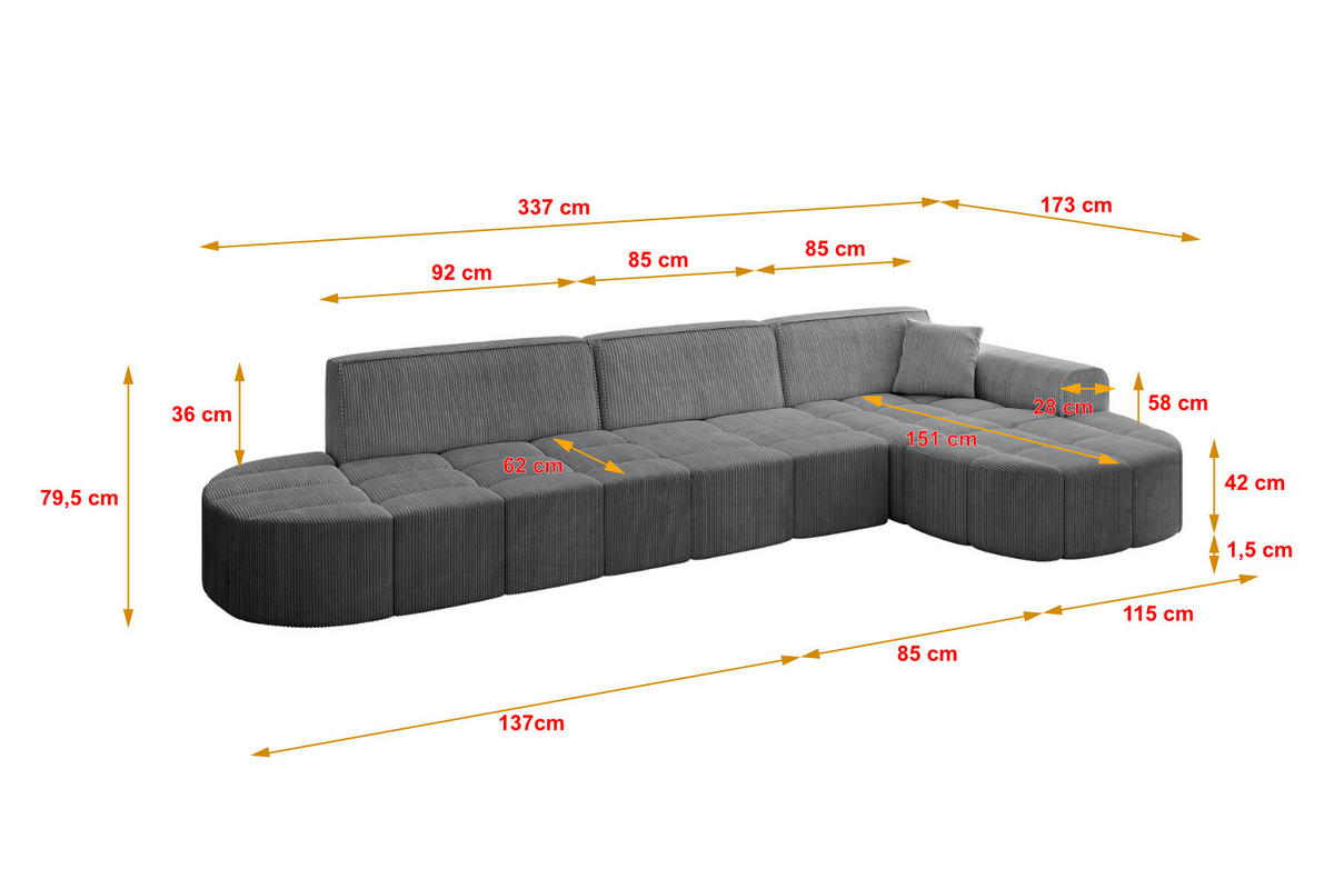 ECKSOFA Ottomane Rechts LIVO-L2 - 337x173x79,5 cm Grau - Grau, Holzwerkstoff/Textil (337/173cm) - ALTDECOR
