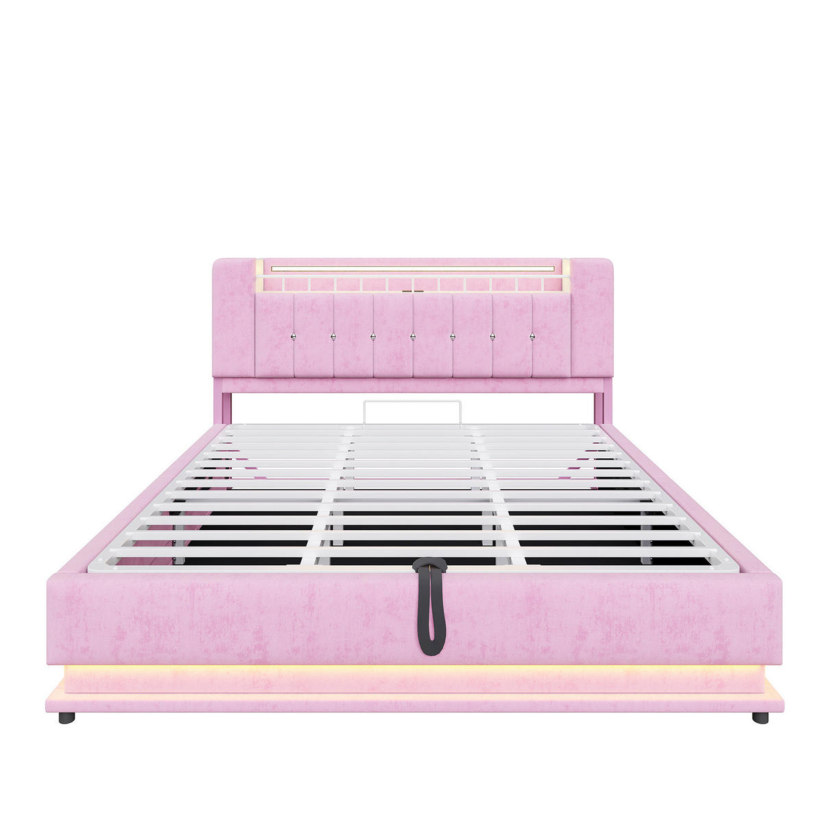 POLSTERBETT aus Samt 180x200 cm Rosa mit LED-Beleuchtung, USB-Anschlüssen und hydraulischem Stauraum - Rosa, Textil (180/200cm) - IVMEU