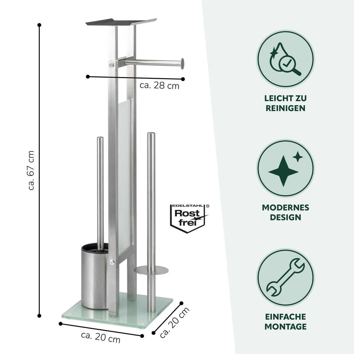 STAND-WC-GARNITUR 4IN1, Edelstahl - Edelstahlfarben, Metall (28/67/20cm) - eluno