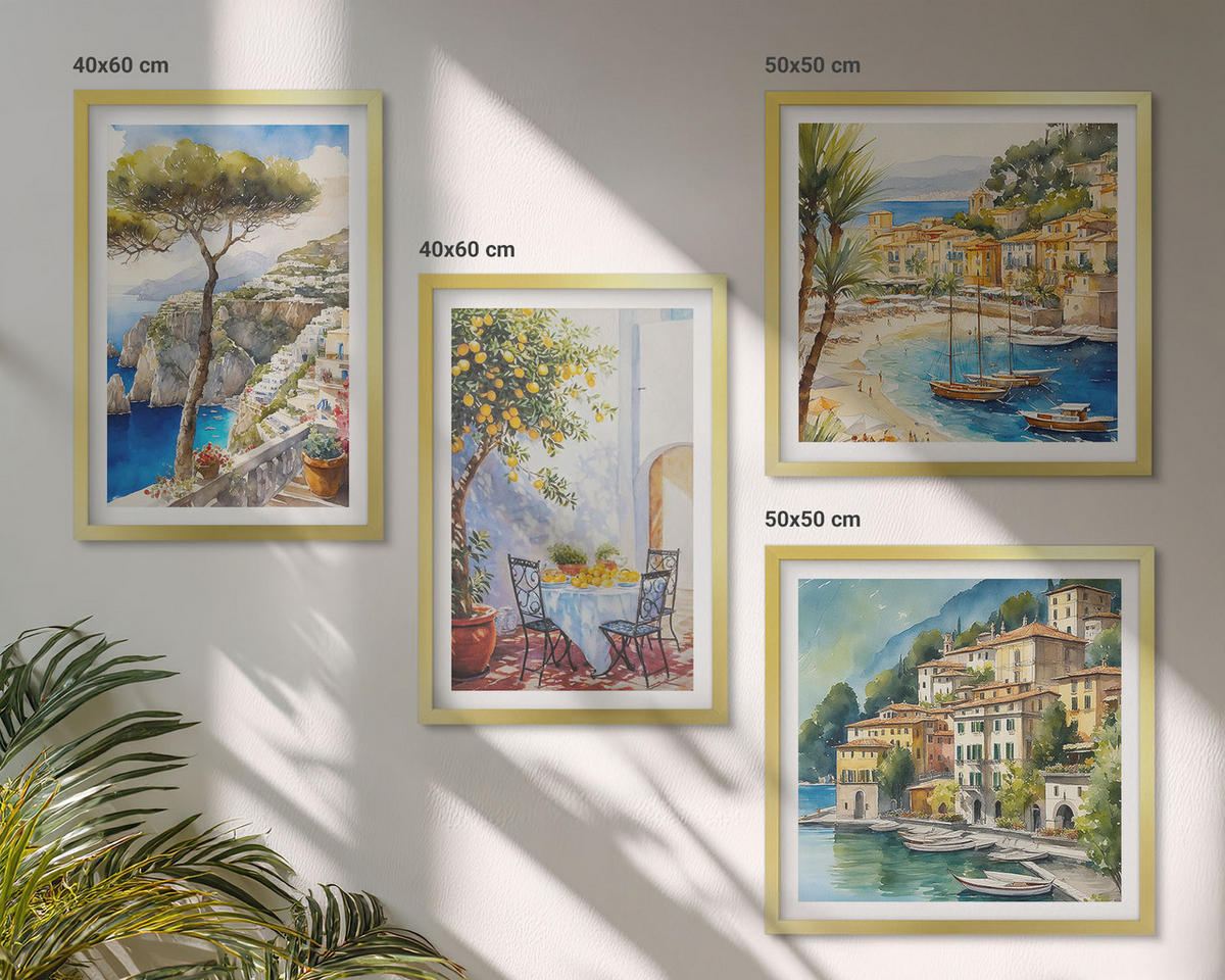 BILDER SET 4er Set - 50x50 cm & 40x60 cm Goldrahmen - Italienische Städte (Aquarell) - Goldfarben, Kunststoff (50/50cm) - TULUP
