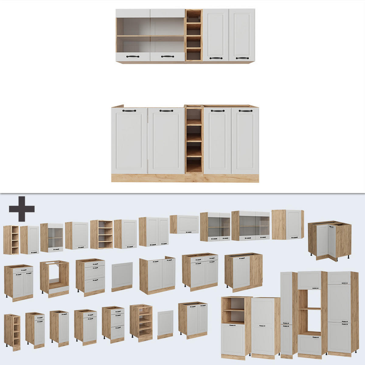 JEDNOTKOVÁ KUCHYNĚ R-Line Bílý venkovský dům/zlatý dub - bílá/medově dubová, kompozitní dřevo (160/81.6/60cm) - Vicco