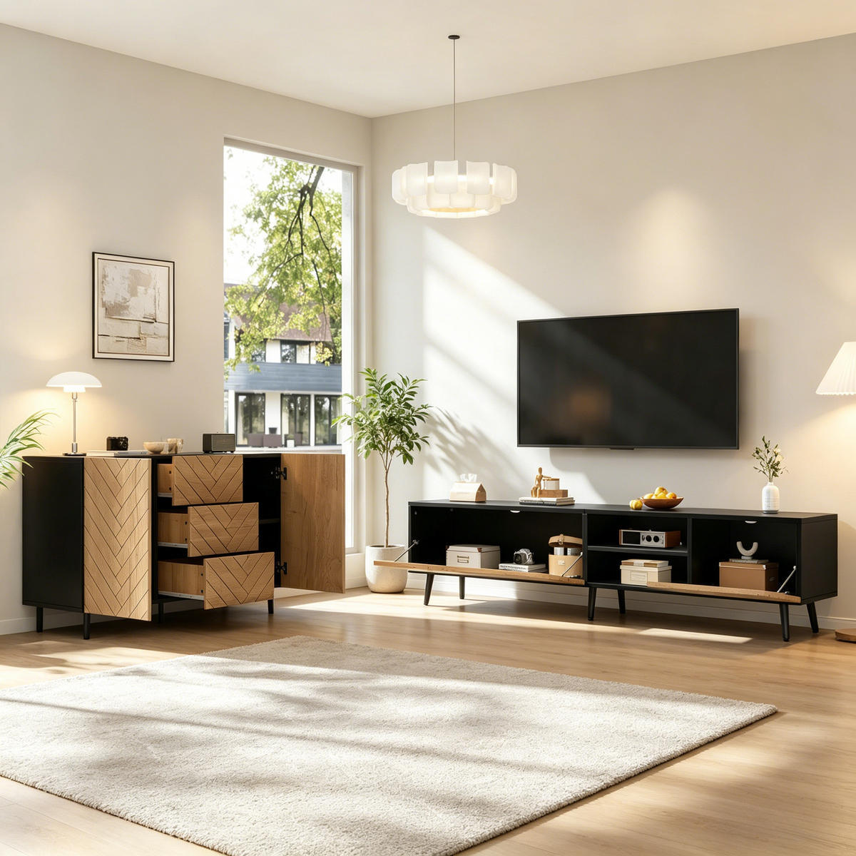 TV-BANK & SIDEBOARD SET Natur/Schwarz 2-teilig, Holzoptik, 180/33,5/45 cm & 120/40/76 cm - Naturfarben, Holzwerkstoff (120/76/40cm) - PANGIVO