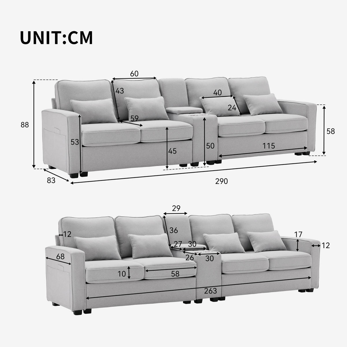 SOFA 4-Sitzer Leinenstoff Konsole 2 USB & Getränkehalter 4 Kissen Grau - Grau, Holz (83/88/290cm) - FLIEKS