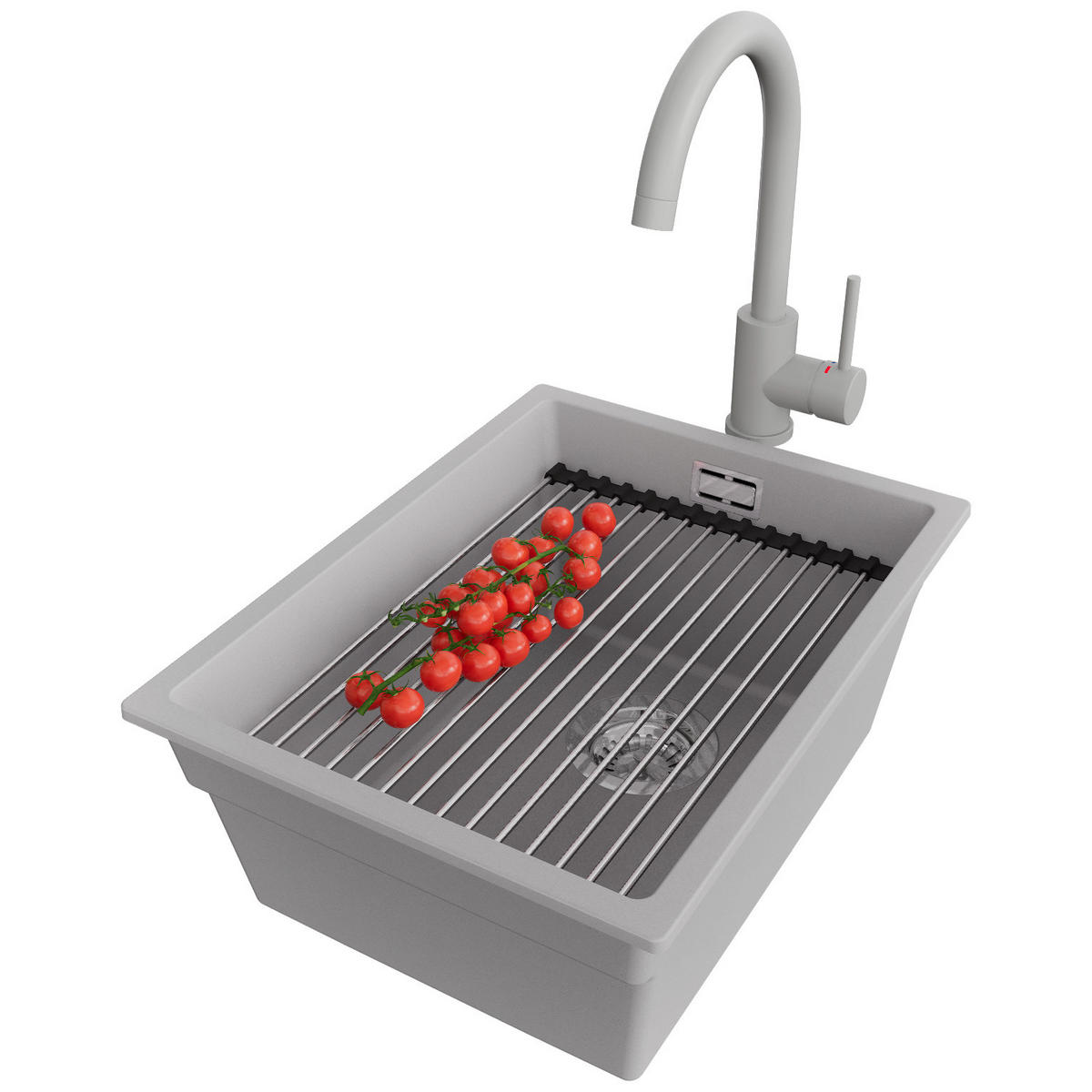 UNTERBAUSPÜLE GRANIT Praga, 2-er set Grau 36/47 cm 1 Becken + Küchenarmatur 32/20 cm + Ablauf-Set + Aufrollbare Abtropffläche ab 40er Unterschrank - Chromfarben/Grau, Kunststoff (36/20/47cm) - Primagran