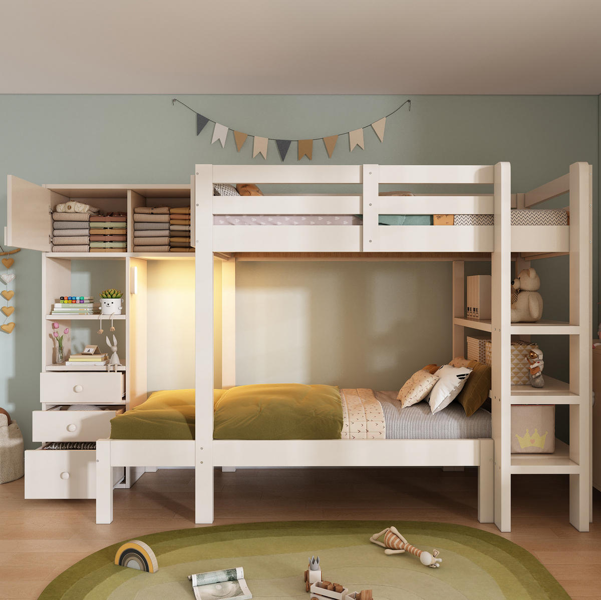 ETAGENBETT 90/200 cm Weiß mit Schrank, Regal und Schubladen - Weiß, Metall (90/200cm) - Flora Grace