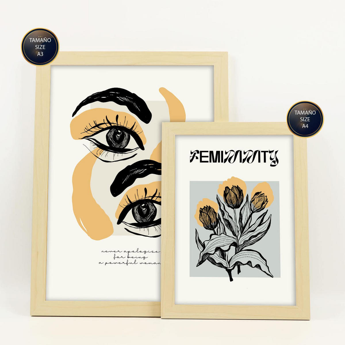 POSTER Set Mit 6 In Schwarzer Tinte Mächtig Kunstdrucke Im Skizzenstil Für Innenarchitektur A3 & A4 Rahmen Aus Hellem Holz - Beige, Papier (29/3cm) - Nacnic