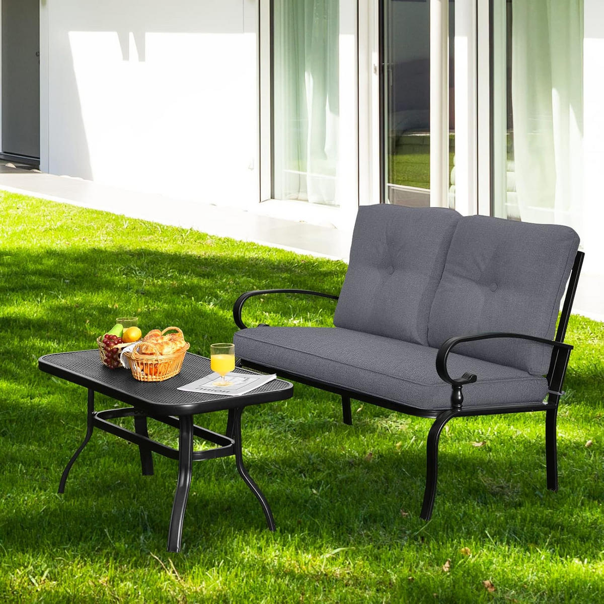 GARTENBANK 2-Sitzer mit Couchtisch Grau - Grau, Metall - COSTWAY
