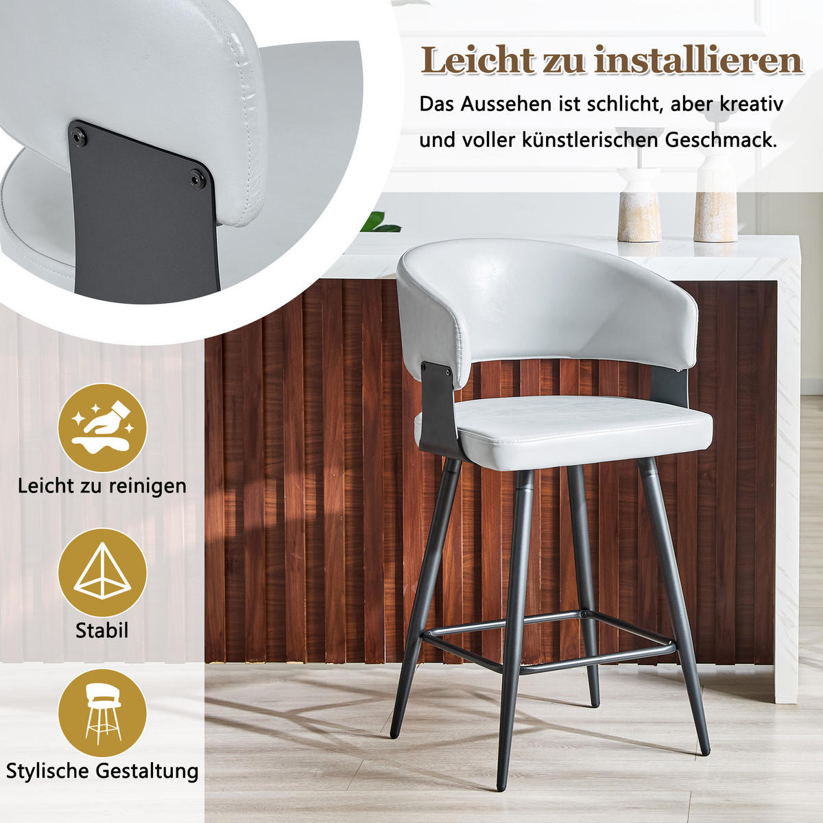 BARHOCKER DE-36675 2er-Set mit Kunstlederbezug und Metallgestell Schwarz - Grau, Metall (47/94.5/46cm) - ComfortXL