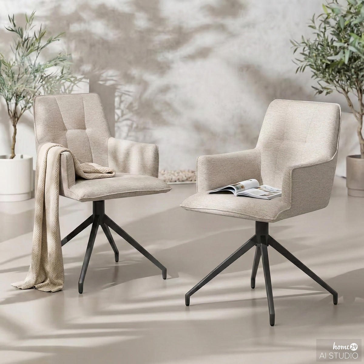 GARTENSTUHL mit Armlehnen - Stahl / Polyester - Sandfarben, Textil/Metall (58/87/64cm) - home24