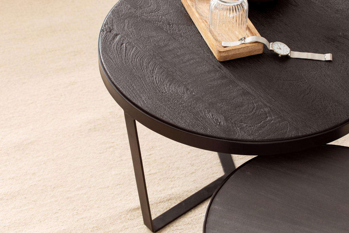 COUCHTISCH Set – 2-teilig Rund Akazie Massivholz Steinoptik Metall Schwarz Anthrazit - Schwarz, Holz/Metall (60/60/40cm) - KADIMA DESIGN