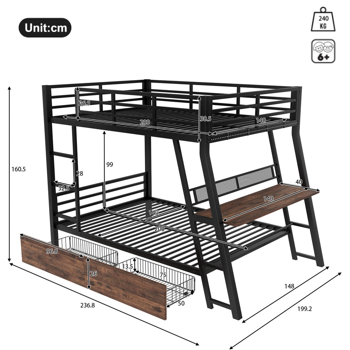 HOCHBETT 140x200cm Schwarz Metall LED-Leiste Schubladen Schreibtisch - Schwarz, Metall (140/200cm) - FLIEKS