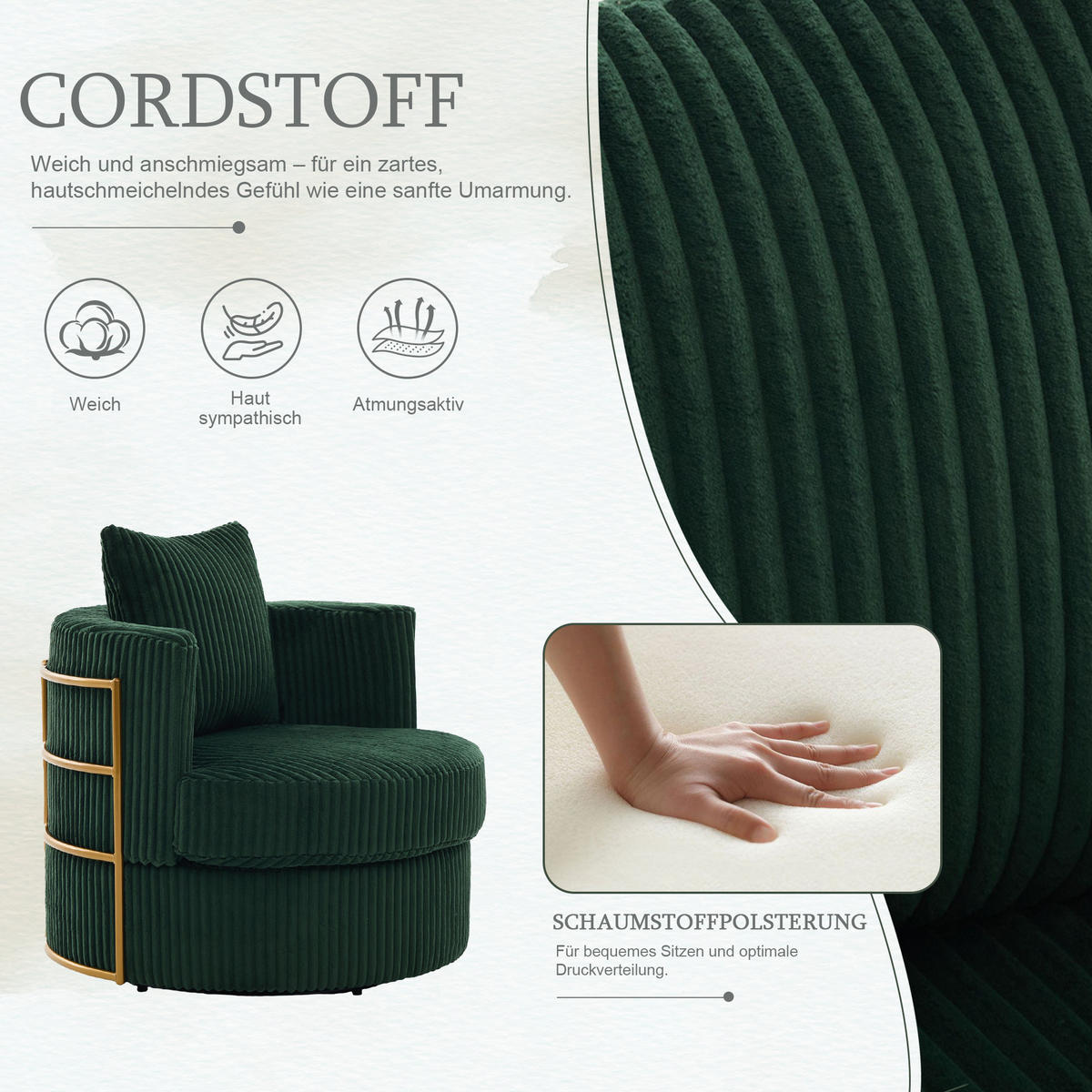 KŘESLO Otočné manšestrové se skrytým úložným prostorem, smaragdové - smaragdově zelená, textil (76/65/79cm) - Urban Meuble