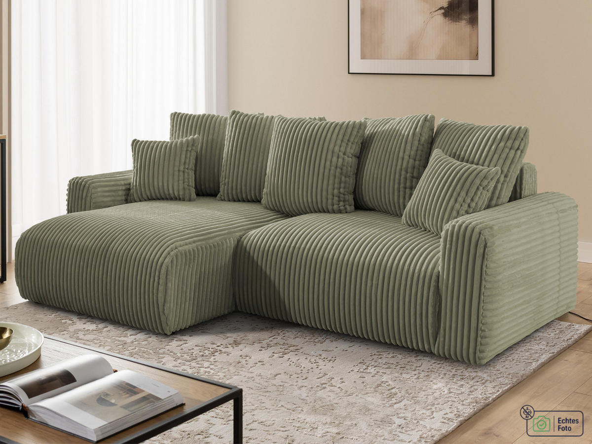 ECKSOFA Calma mit Schlaffunktion und Bettkasten im Bumpy-Design aus weichem Olive Plüschcord - Ottomane links - Schwarz/Grün, Holz/Kunststoff (239/140cm) - S-Style