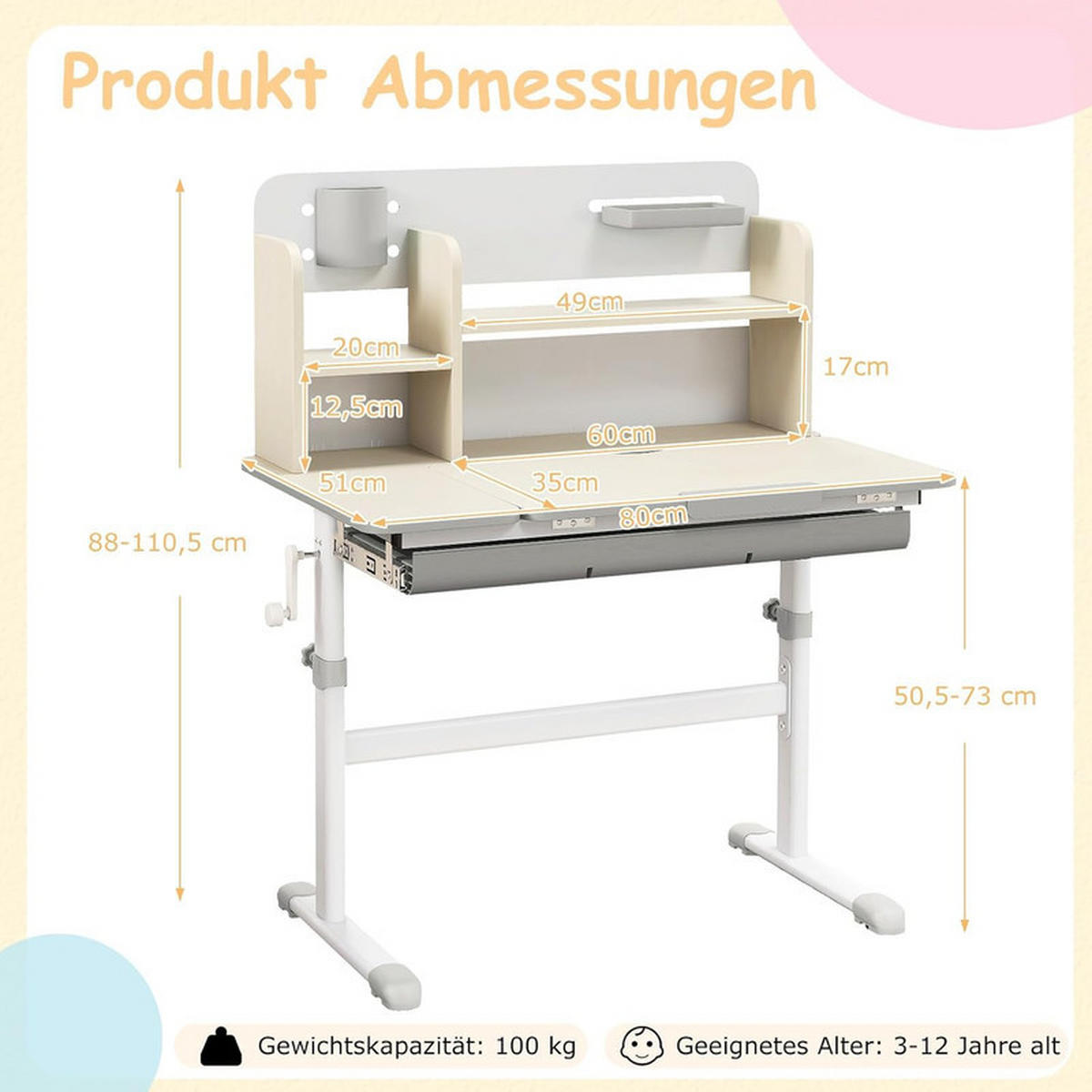 KINDERSCHREIBTISCH Höhenverstellbarer grau - Grau, Metall (80/88/51cm) - COSTWAY