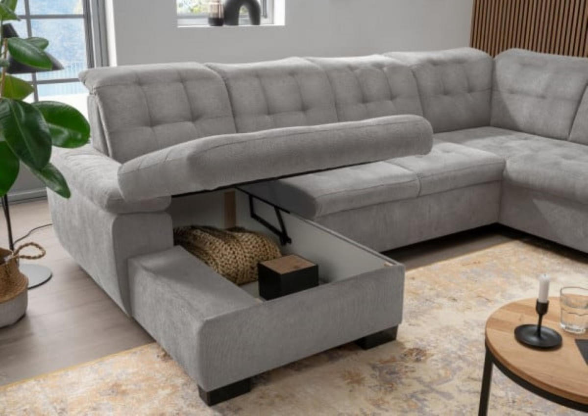 WOHNLANDSCHAFT mit Schlaffunktion und Bettkasten, verstellbare Kopflehnen - Hellgrau/Schwarz, Kunststoff/Textil (216/163/305cm) - myHomelando