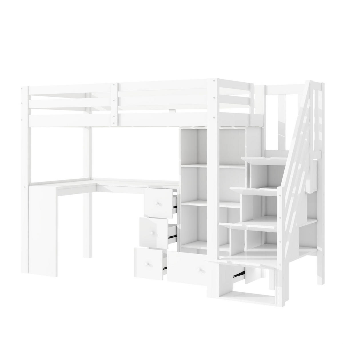 HOCHBETT 90/200 cm mit Schreibtisch, Schubladen, Regalen und Stauraumleiter aus Kiefer , Weiß - Weiß, Holzwerkstoff (90/200cm) - Redom