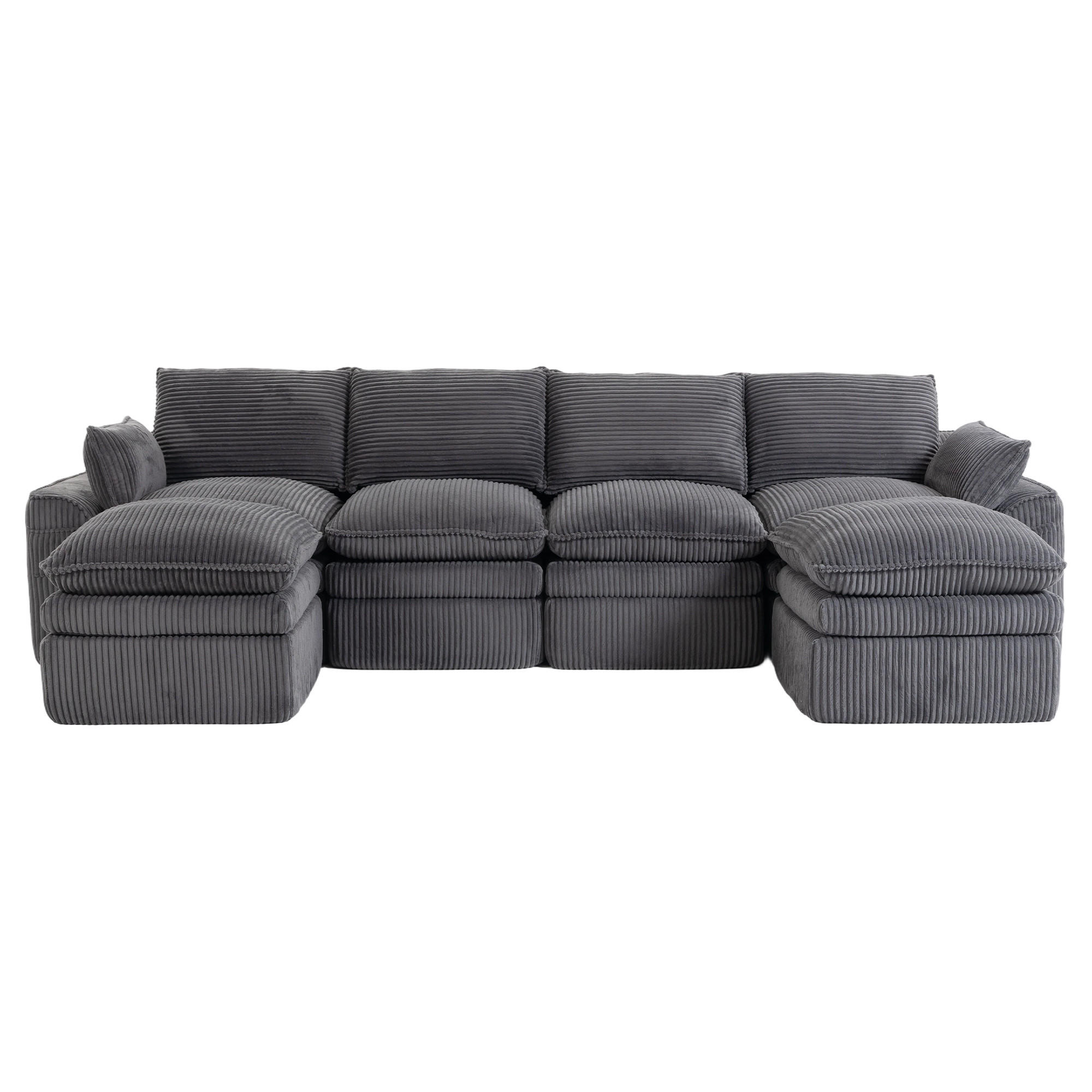 WOHNLANDSCHAFT Cord Dunkelgrau mit Kissen, Hocker und Seitentaschen - Dunkelgrau, Textil (335/85/167cm) - WISHDOR
