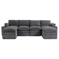 WOHNLANDSCHAFT Cord Dunkelgrau mit Kissen, Hocker und Seitentaschen - Dunkelgrau, Textil (335/85/167cm) - WISHDOR