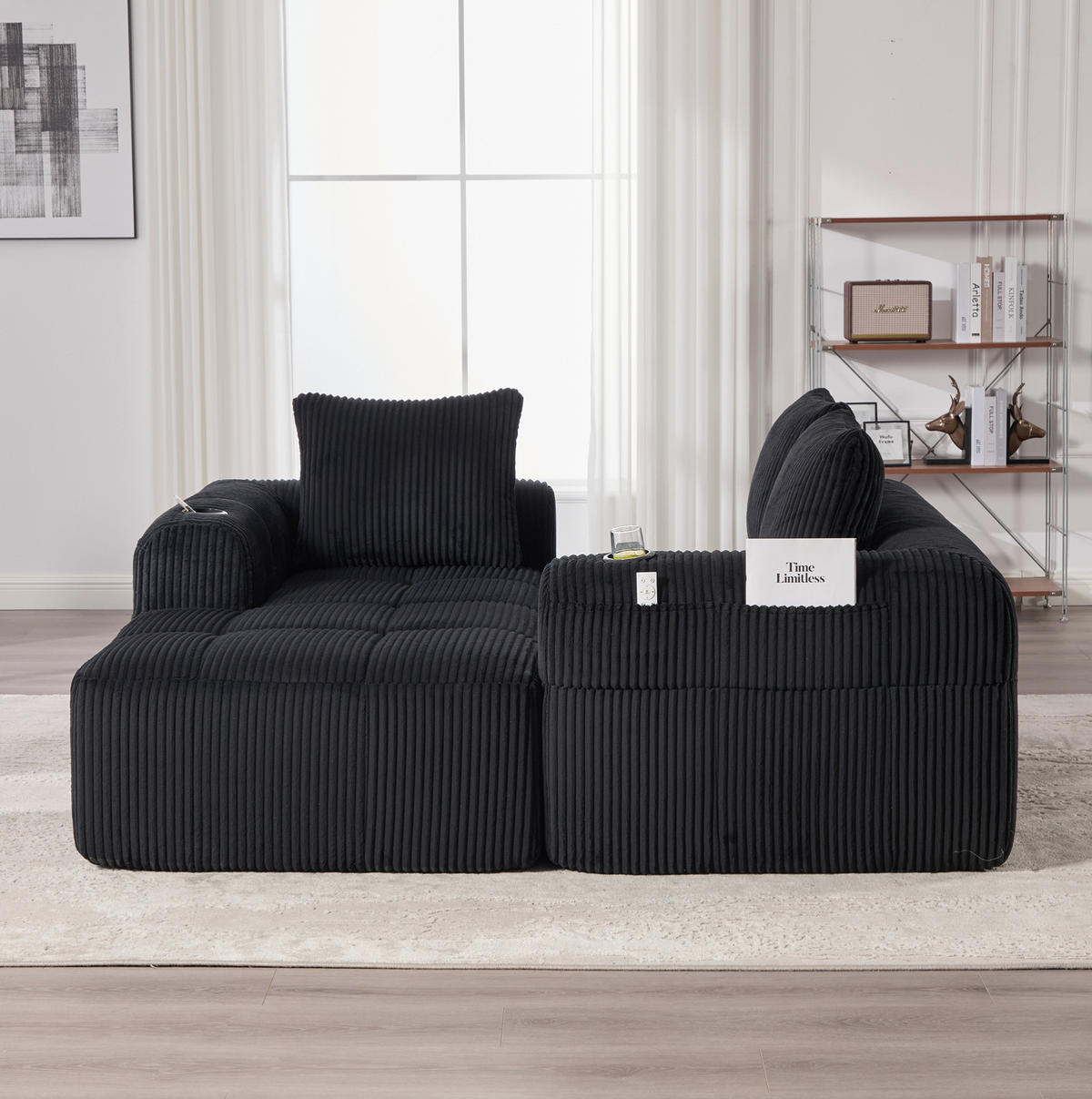 KOMPAKTSOFA aus Cord 253x158x61 cm in Schwarz mit Seitenfächern & Becherhaltern - Schwarz, Textil (158/61/253cm) - Modfu