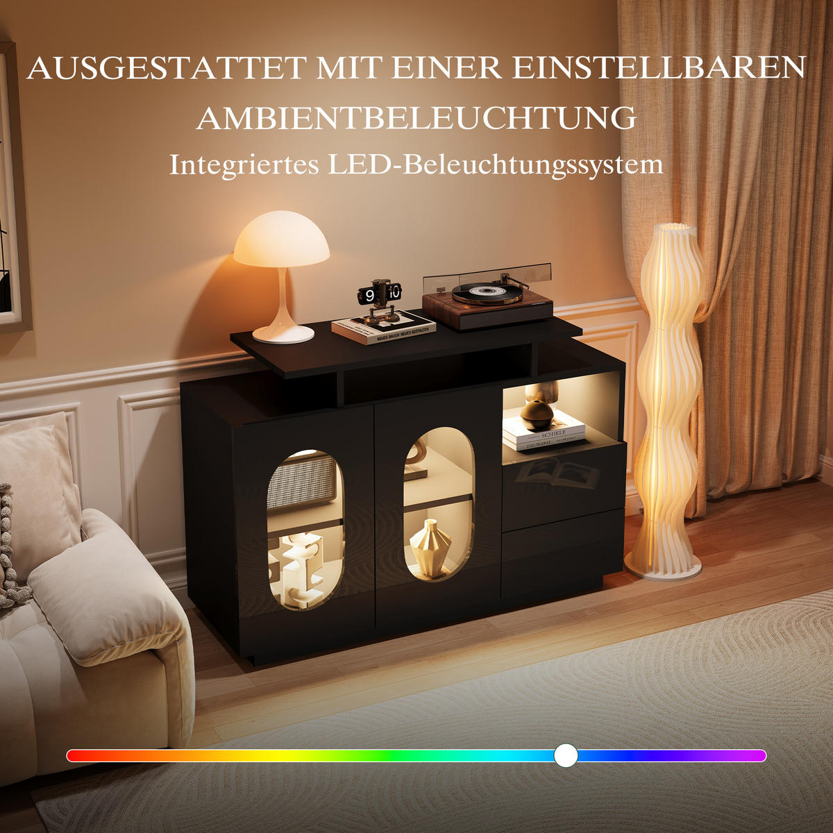SIDEBOARD mit LED, Glastüren und Hochglanzfront, Schwarz - Schwarz, Holzwerkstoff (120/80/40cm)