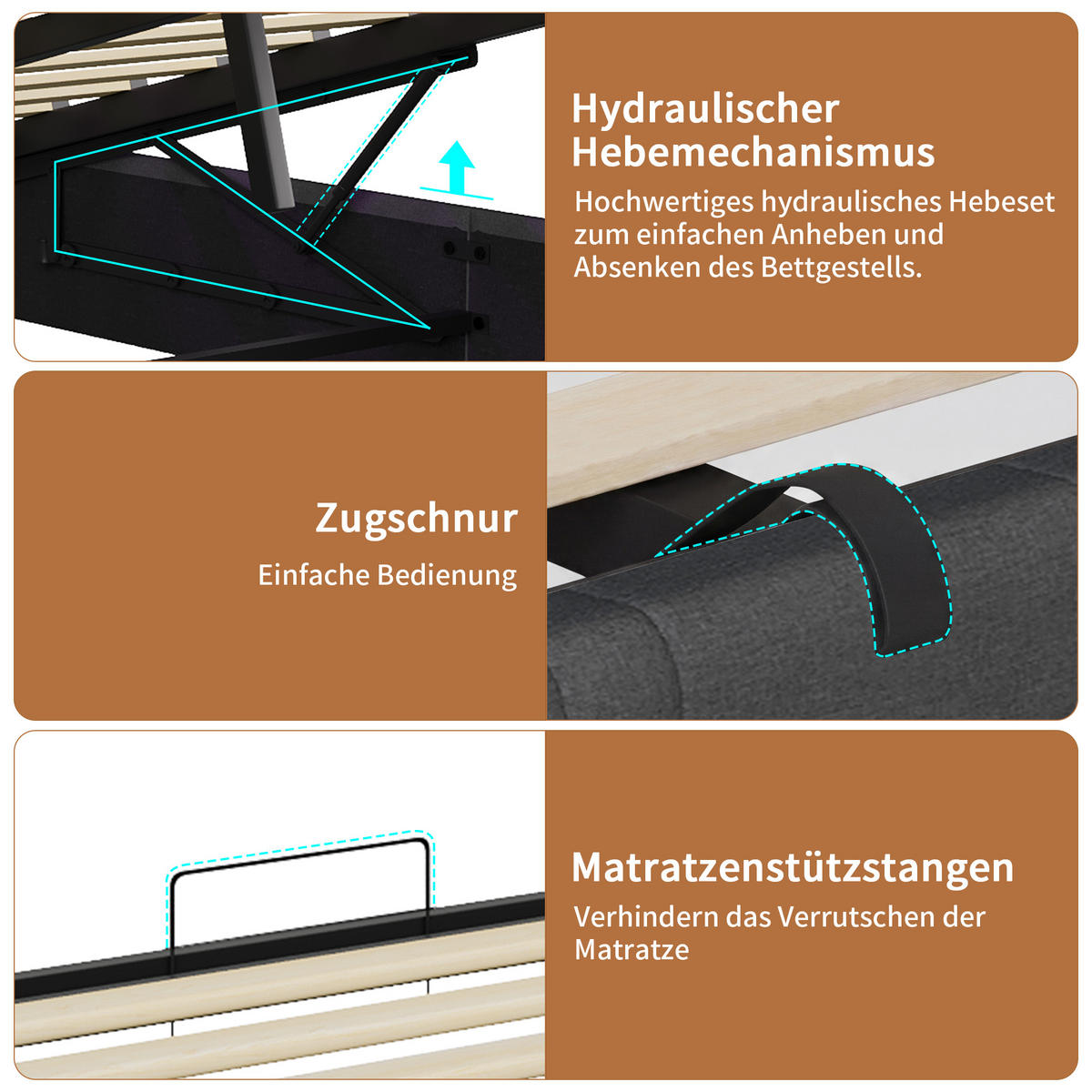 MODERNES POLSTERBETT 160x200 cm mit Stauraum, LED RGB und integrierter Ladestation – Dunkelgrau Leinen - Grau, Holz - SHOPENTRA