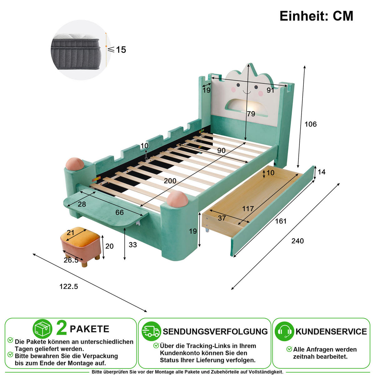 KINDERBETT 90/200 cm in Blaugrün mit Schublade, Ablage, USB und Leselampe Samt - Türkis, Holzwerkstoff/Textil (90/200cm) - CHICFURN