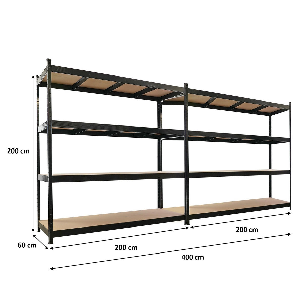 SCHWERLASTREGAL 2 Stück Hercules 200x200x60cm 4 MDF-Platten-Ebenen Fachlast 500kg Schwarz - Schwarz, Metall (200/200/60cm) - PROREGAL