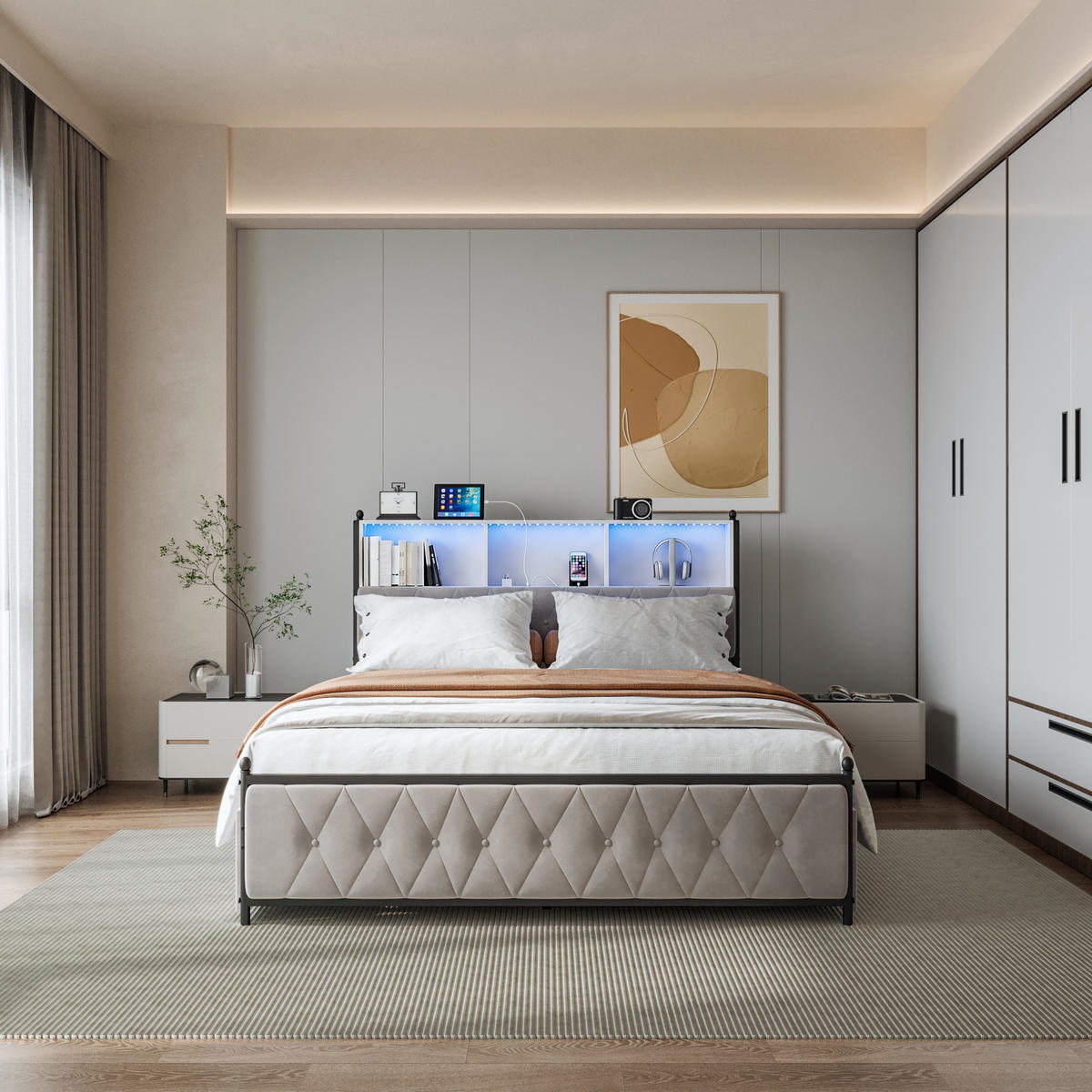 POLSTERBETT 180x200 cm, 3 Stauraumfächer am Kopfteil, RGB-LED, USB & Typ-C, 4 Stauraumschubladen, Samtstoff, Beige - Beige, Holz (180/200cm) - BRILVERDE