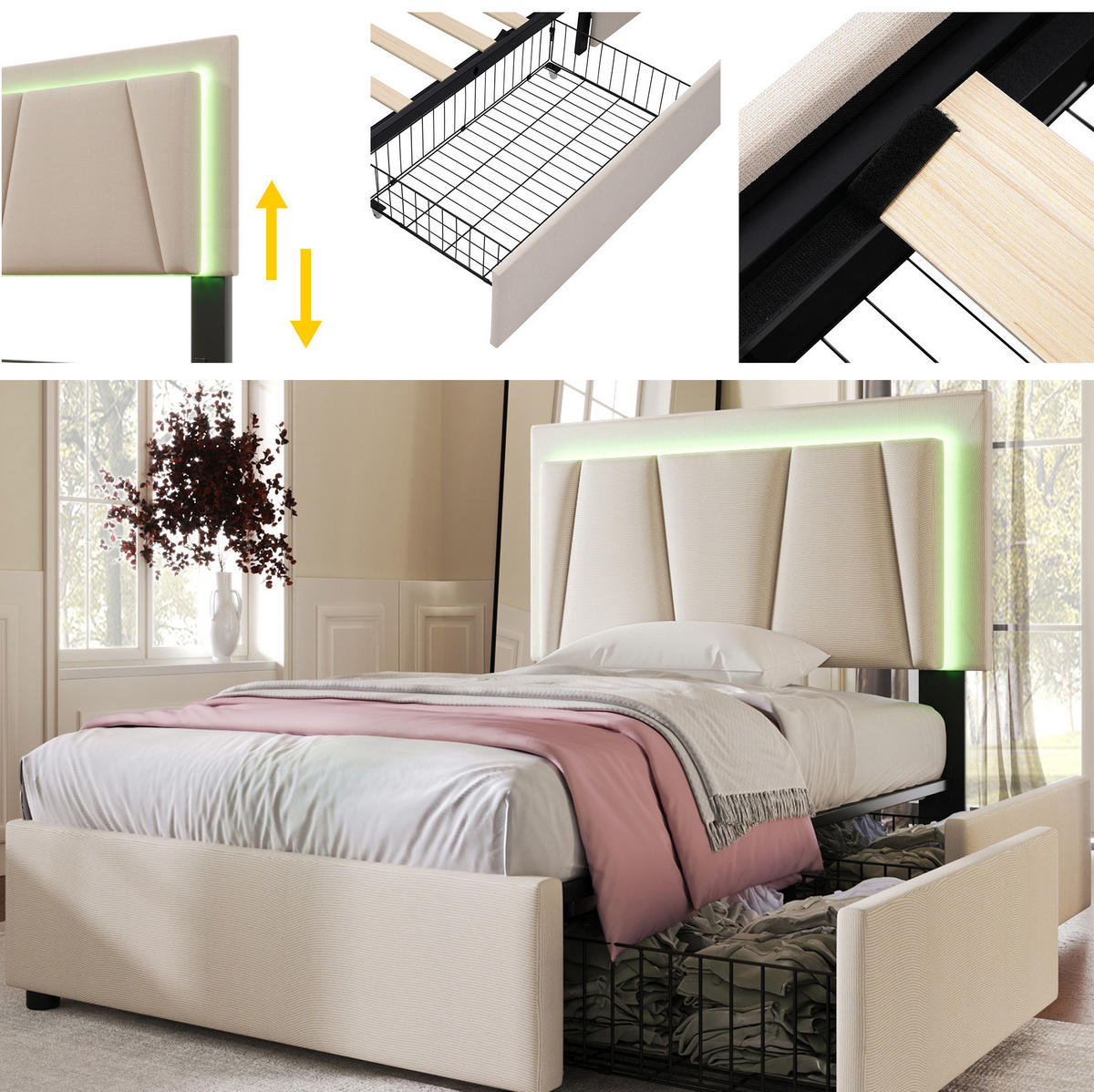 POLSTERBETT 90/200 cm Beige mit LED-Beleuchtung und 2 Schubladen - Beige, Holzwerkstoff (90/200cm) - Flora Grace