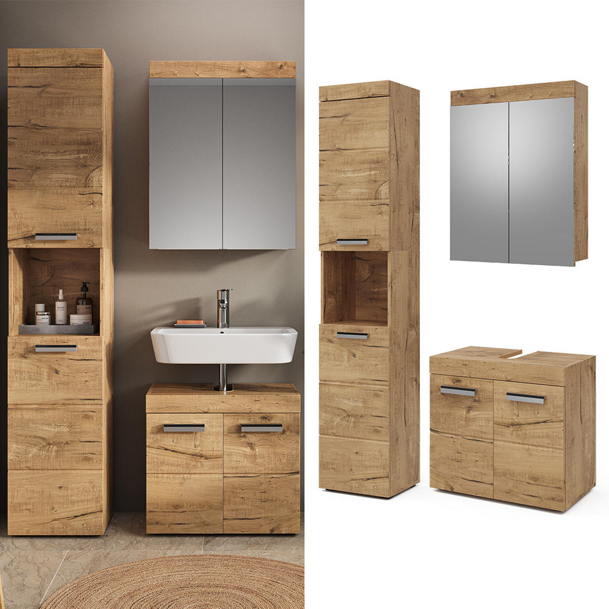 BADMÖBEL-SET Luna Eiche Wotan 3 Teile, mit Hochschrank - Eiche Wotan, Holzwerkstoff (60/56/34cm) - Vicco