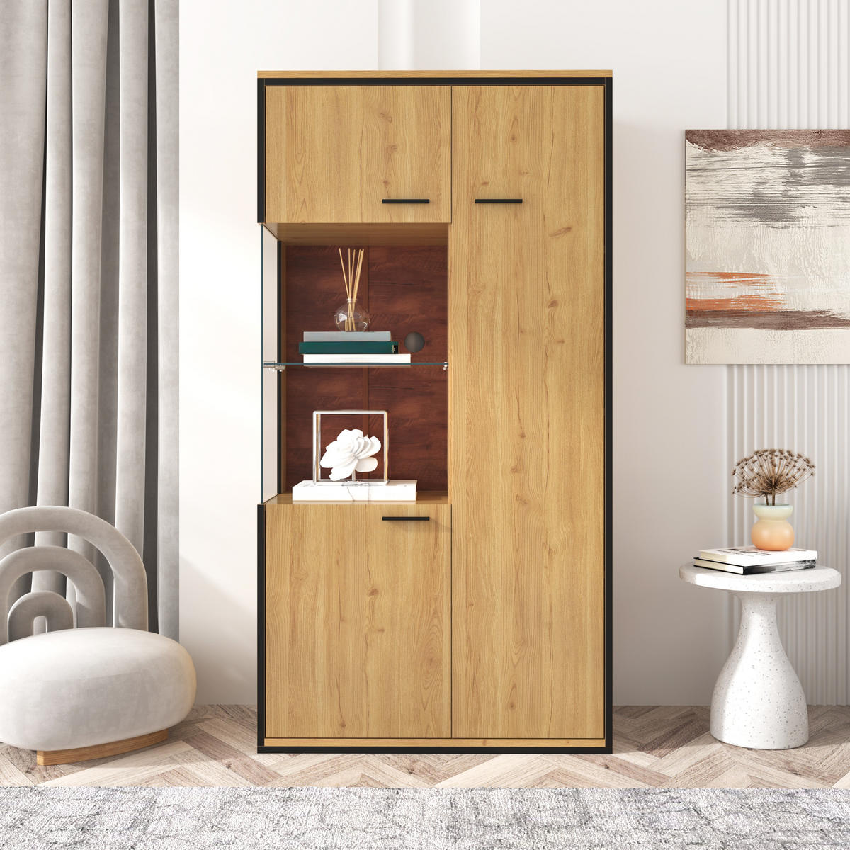 VITRINE LED 150 cm Glastür Stauraum - Naturfarben, Holz (77.5/150/40cm) - Fortuna Lai