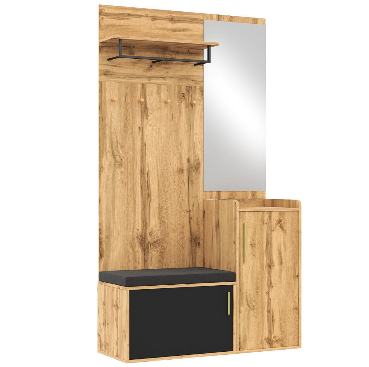GARDEROBE mit Spiegel und Sitzbank 100 x 38 x 185 cm Eiche-Schwarz - Schwarz, Holzwerkstoff (38/185/100cm) - Beauniv