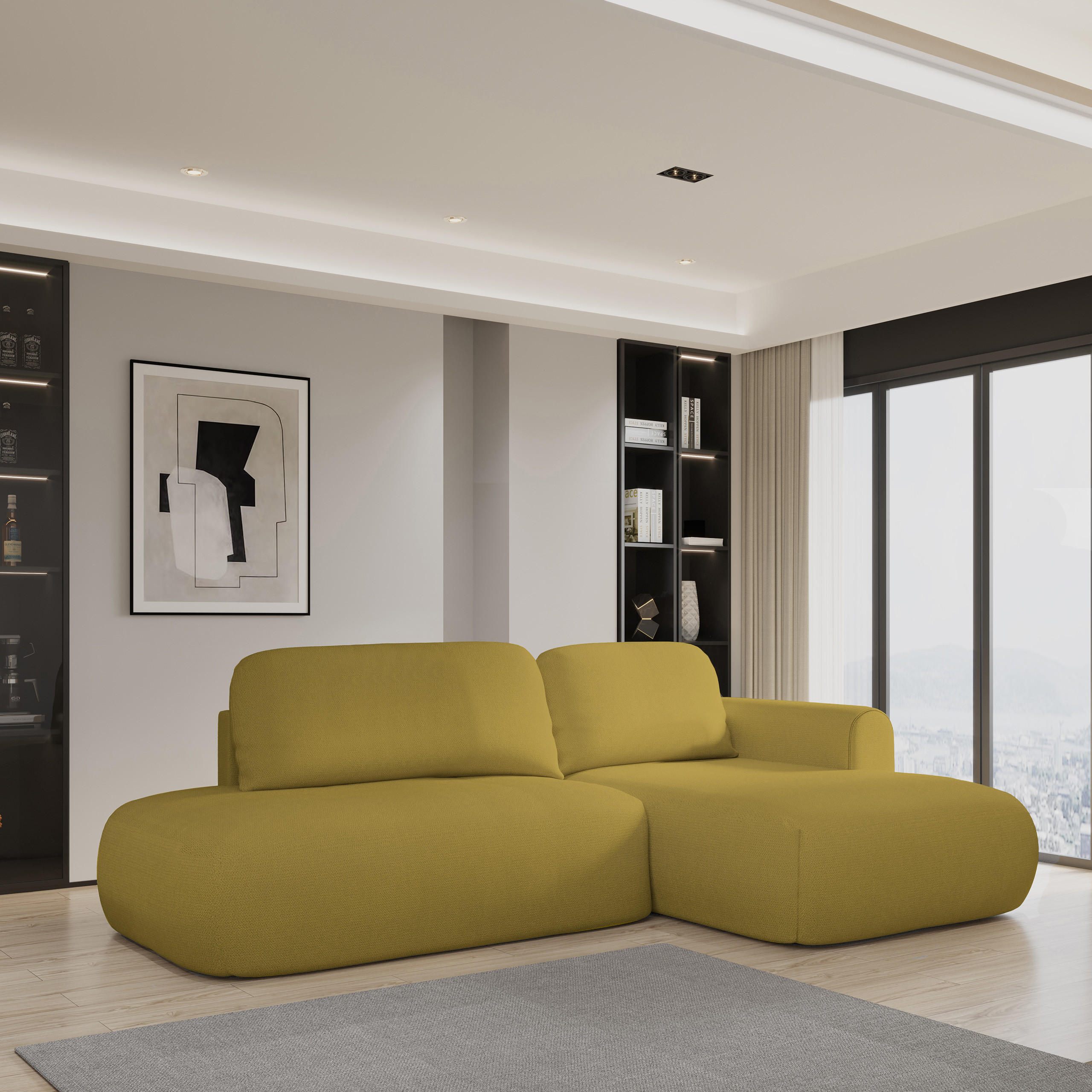 ECKSOFA NUVIRA R-S Gelb Geflochtener Stoff mit Schlaffunktion - Gelb, Holz (274/165cm) - MASSENO